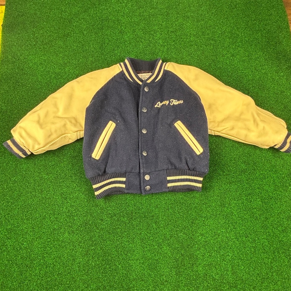 Kids Looney Tunes Varsity‎ Jacket Wool Leather Sleeves Snap Button Embroidered